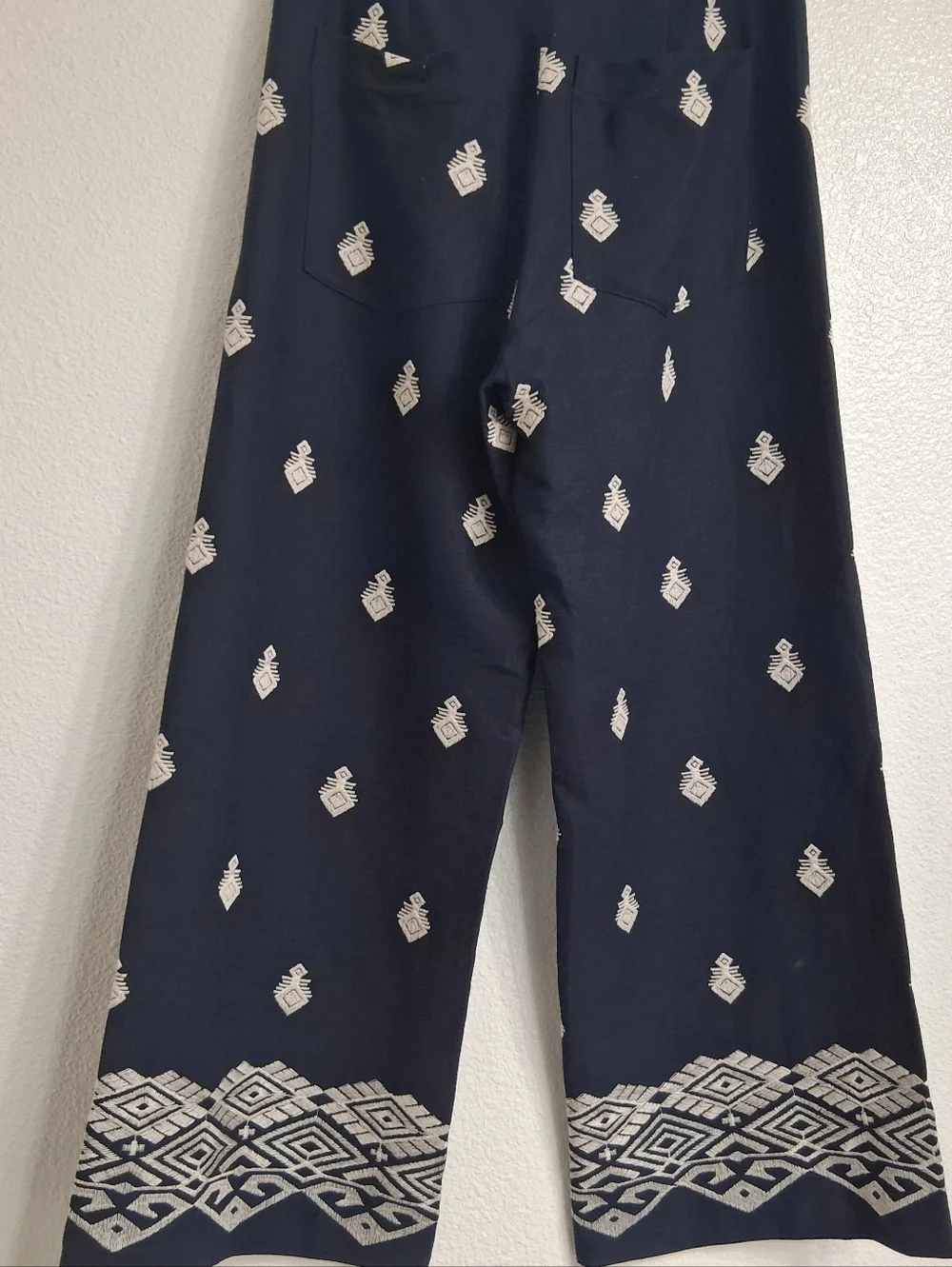 NWOT Zara Navy Blue Wide Leg Pants With Embroidery Size XS